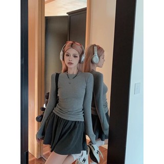 Meet.You.辣妹灰色長袖T恤女秋冬新款韓係修身顯瘦內搭德絨打底衫上衣
