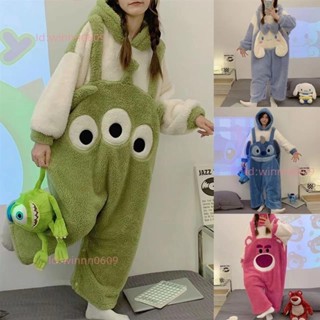 【臺灣出貨】卡通草莓熊睡衣冬季刷毛加厚女連身睡衣秋冬款珊瑚絨外穿家居服