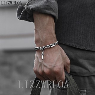 LIZZWRLOA 【 手鐲手環】925純銀韓版S925銀複古藤蔓手鐲重工五角星十字架闇黑花紋手環創意手飾潮男 XUS7