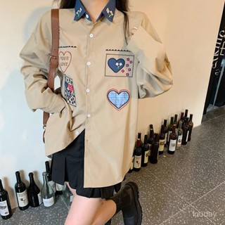 【換季上新】複古愛心刺繡襯衫寬鬆長袖設計感襯衣 長袖襯衫 寬鬆襯衫 長袖上衣 顯瘦上衣 女生襯衫 襯衫外套 寬鬆外套