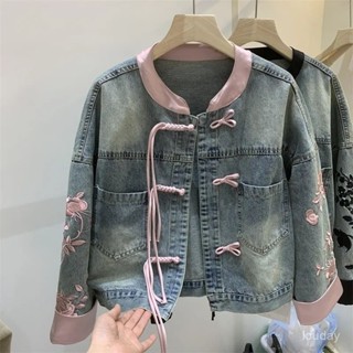 【換季上新】牛仔外套立領上衣重工刺繡短款夾剋 牛仔寬鬆外套 韓版外套 長袖上衣 長袖外套 百搭牛仔 防曬外套 牛仔上衣