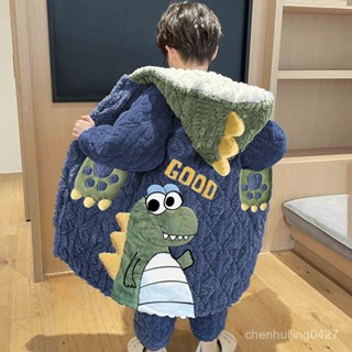 諮詢購買 可得免運 冬季男童三層夾棉中長款法蘭絨卡通家居服加厚珊瑚絨兒童睡衣套裝 內搭服居家服 卡通 睡衣 童裝