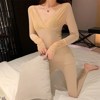 新店優惠 保暖內衣套裝 秋衣秋褲 打底衫 無痕保暖內衣女套裝緊身修身美體秋衣秋褲2024薄款蕾絲打底衫顯瘦