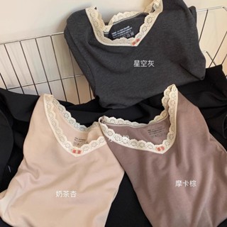 新店優惠 保暖內衣套裝 秋衣秋褲 打底衫 德絨保暖內衣女秋冬季蕾絲花邊少女秋衣秋褲修身美體打底衫保暖褲