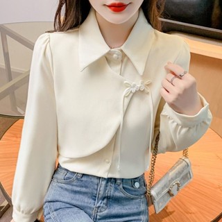 🚚免運 熱🚚靜靜 臺灣限時活動 新中式女裝翻領長袖襯衫女不規則設計感上衣秋冬加厚國風盤扣襯衣