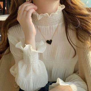 冬天蕾絲打底衫💎 立領杏色蕾絲打底衫女春秋2023新款加絨內搭雪紡襯衫木耳邊紗上衣