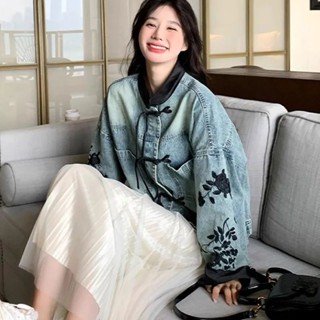 【Sweet Oversize】新中式設計感短款牛仔外套女春季2024新款小個子國風流行網紅上衣