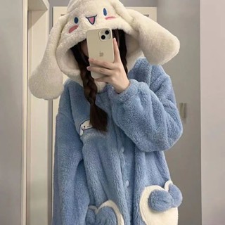 韓版玉桂狗睡衣女冬季加厚加絨珊瑚絨睡袍女中長款套裝卡通可愛法蘭絨