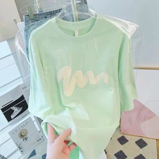 🔥cc精品小屋 大碼T恤 100%棉短袖t恤女夏季新款寬鬆顯瘦薄荷綠曲線印花寬鬆圓領上衣