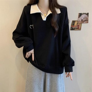 寬鬆衛衣 長袖上衣 大碼女裝撞色polo領衛衣女秋季胖mm顯瘦寬松設計感慵懶風外套上衣長袖上衣 女裝