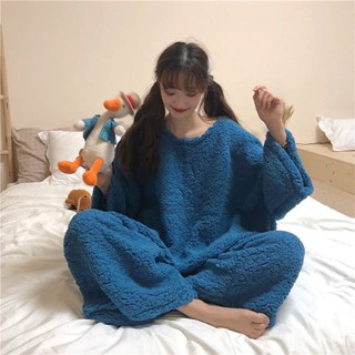 長褲珊瑚絨 圓領加厚睡衣 保暖家居服 大碼兩件套 保暖睡衣女 純色套頭兩件套 寬鬆圓領法蘭絨睡衣 寬鬆長袖家居服 女裝