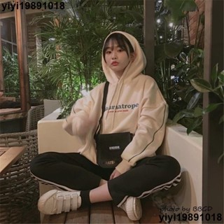熱銷 韓國ins oversized版型~明線設計字母印花寬鬆百搭v領連帽內刷毛帽t/大學t 長袖上衣 女生上衣