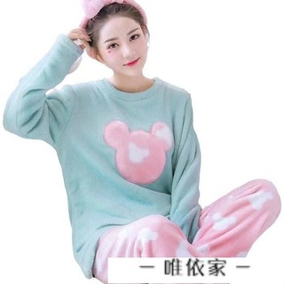 【唯家】秋冬季加絨毛茸國中睡衣 珊瑚絨睡衣女 學生圓領法蘭絨家居服 女生睡衣 可愛睡衣 卡通睡衣 長袖睡衣 秋冬睡衣