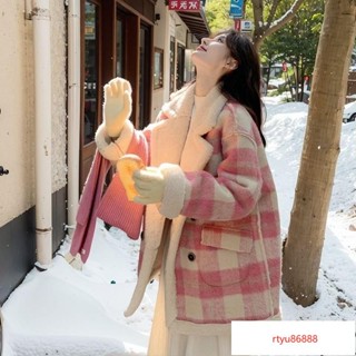 【唯家】粉色格紋羊羔毛外套女202冬季新款韓係設計感兩麵穿加厚毛絨大衣