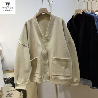 【唯家】150kg可穿 韓版V領加肥加大寬鬆外套女慵懶風單排扣開衫外套 軟糯針織開衫 大尺碼外套 毛衣外套 春秋新款
