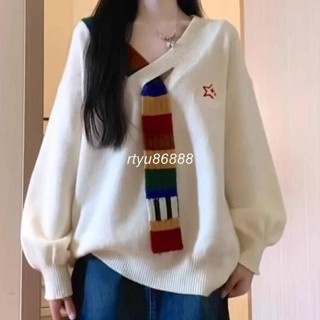 【唯家】美式複古彩虹毛衣 拼接v領針織衫 寬鬆學院風長袖上衣 高階感中長款外套