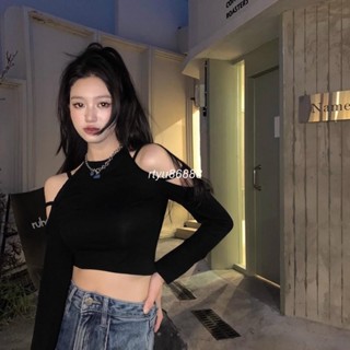 【唯家】短款露肩上衣設計感小眾修身T恤秋季顯瘦長袖打底衫女