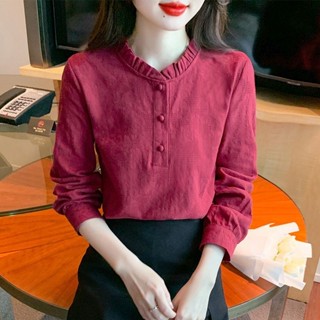 荷葉領提花純棉女士襯衫春季新款百搭打底衫顯瘦長袖小衫上衣