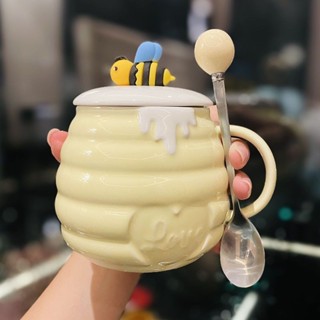 【爆款 熱銷】可愛小蜜蜂陶瓷大肚杯生日禮物高階感喝水杯子少女心馬克杯帶蓋勺貓咪杯子 精緻 網紅