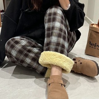 ART STUDIO 加絨加厚羊羔絨格子褲子女新冬款顯瘦百搭高腰寬鬆休閒闊腿褲長褲