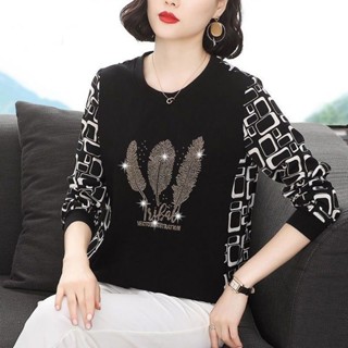 長袖T恤女春季新款韓版秋裝中年媽媽寬鬆遮肚小衫大碼上衣洋氣潮