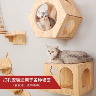 簡易安裝diy貓跳臺 松實木太空艙貓窩 掛壁式貓爬架 木質爬梯 雙層通天柱 雲朵貓吊床 貓抓板 劍麻貓抓柱 貓床
