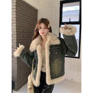 8加絨加厚❤️牛仔毛毛外套女 絨毛外套毛毛外套 皮草外套大呎碼 韓版大衣冬天外套女中長款秋冬拉鏈仿兔毛連帽外套寬鬆 顯瘦