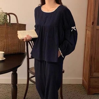 Lam 睡衣 居家服 韓版睡衣韓系花邊睡衣女春秋季公主風蝴蝶結長袖長褲純色ins風家居服套裝