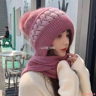 秋冬新款 帽子圍巾一體帽 甜美護耳雙色針織保暖百搭 加絨加厚毛帽 圍巾帽子一體帽 加厚加絨保暖加倍 兩件套
