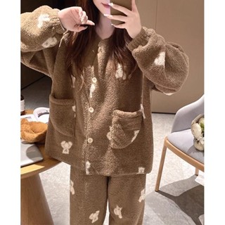 Lam 睡衣 居家服珊瑚絨睡衣女款秋冬季2024新款卡通小熊印花保暖法蘭絨家居服套裝