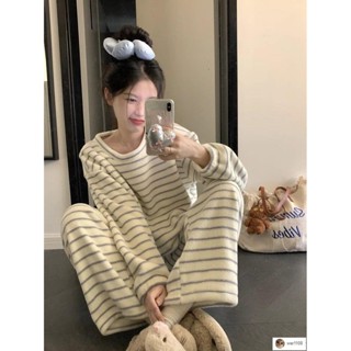 臺灣出貨💕清清💕秋冬季居家服 珊瑚絨睡衣女冬季加厚保暖韓版簡約條紋法蘭絨寬松家居服套裝學生