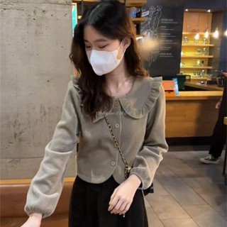 🎆雅軒🎆限時低價🎆長袖上衣顯瘦氣質燈芯絨襯衫女士秋冬短款上衣設計感娃娃領小眾洋氣減齡內搭打底長袖上衣