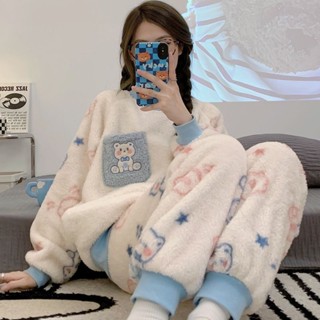 韓版睡衣女秋冬季珊瑚絨加厚保暖韓版束口卡通可愛法蘭絨居家服套裝女