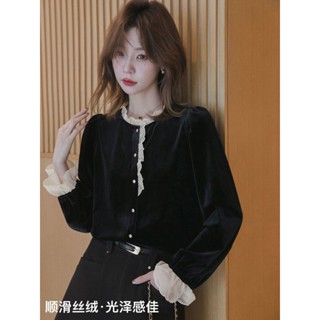 Only❤️秋冬新款加絨加厚長袖保暖襯衫法式拚接洋氣絲絨上衣女百搭設計感