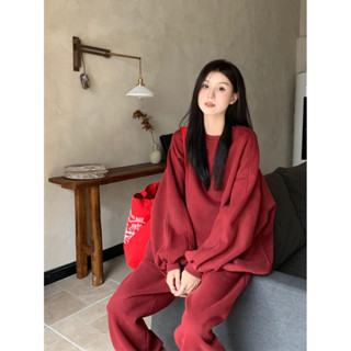 【免運】新年套裝 過年衣服 時尚套裝 慵懶風 加絨 加厚 運動套裝 韓版套裝 學生套裝 寬鬆顯瘦時尚衛衣+紅色休閒褲套裝