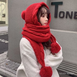 桃園出貨💖紅色帽子 紅色毛帽 過年帽子 新年帽子 新年本命年毛綫帽子冬女圍巾一體紅色針織帽保暖小紅帽 FGFO