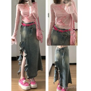 YJ宜居優品💫韓係美式複古不規則開叉牛仔長裙夏季高腰大碼梨型a字裙魚尾半身裙子