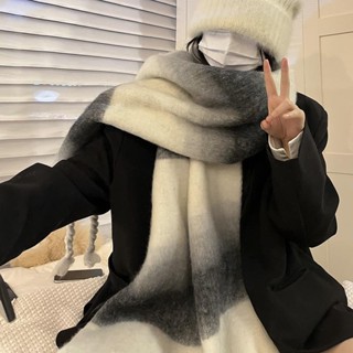 [臺灣發貨]韓版高階感漸變拼色 馬海毛圍巾 女冬季 加厚保暖圍脖 ins韓潮 仿羊絨披肩 騎車保暖圍巾