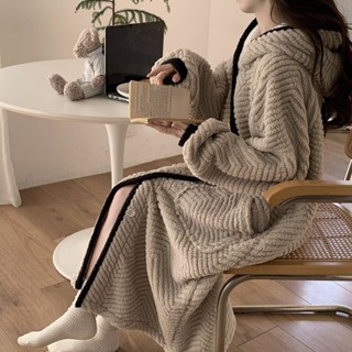 冬季 居家服 睡衣 睡袍 睡裙女秋冬季珊瑚絨加厚加絨法蘭絨睡袍大碼寬松連帽長款睡衣套裝