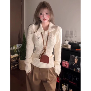 Polo翻領麻花軟糯毛衣女秋冬新款修身顯瘦設計感針織衫上衣打底衫