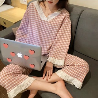 🌸特價🌸【精選】睡衣女新款ins日系格子簡約甜美網紅長袖花邊少女家居服兩件套裝