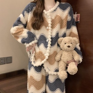 家居服 ✨睡衣女秋冬季珊瑚絨加厚簡約條紋保暖法蘭絨可外穿出門家居服套裝 居家服 長袖家居服 睡衣套裝 居家睡衣