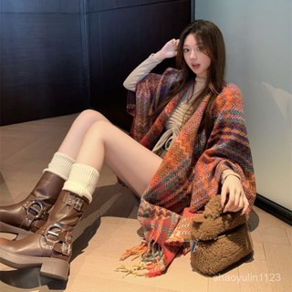 臺灣發貨 複古名族風彩色條紋流蘇針織鬥篷 上衣女秋冬外穿加厚毛衣披肩外套 披肩毯 懶人毯 披肩毛毯 法蘭絨毯