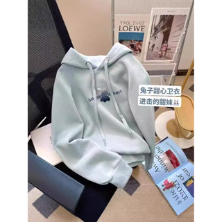 【新店福利價】高貨!秋新款淺藍色植絨兔子連帽衛衣女寬鬆外套上衣ins
