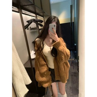 QBSG 免運 秋冬上衣 過年穿搭 【店鋪熱銷】美拉德色係寬鬆麻花毛衣外套女秋冬季慵懶風軟糯加厚保暖針織開衫