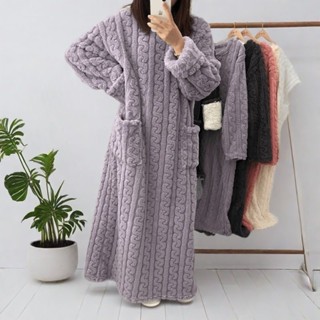臺灣熱銷🌈睡衣加絨加厚冬季睡裙保暖珊瑚絨睡袍家居服保暖休閒寬鬆加長款