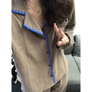 臺灣熱銷🌈ins風高級感睡衣女春秋簡約純色韓版長袖長褲外穿德絨家居服套裝