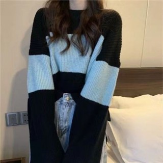 毛衣秋冬撞色條紋針織衫小個子寬鬆外穿慵懶風套頭長袖上衣過年女裝衣服 長版毛衣 短版毛衣 毛線衣 羊毛衫女 女裝冬天 韓裝
