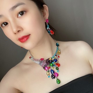 歐美高檔套裝項鏈奢華宮廷風孔雀開屏水晶花朵誇張女晚宴禮服配飾