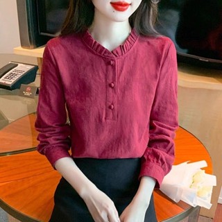 荷葉領提花純棉女士襯衫春季新款百搭打底衫顯瘦長袖小衫上衣 長袖上衣女 荷花領純棉長袖 春秋薄上衣